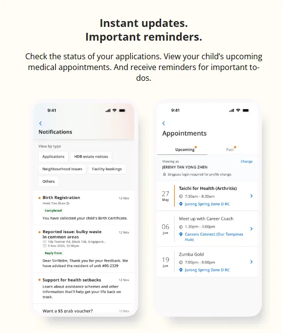 LifeSG app notifications and appointments screens