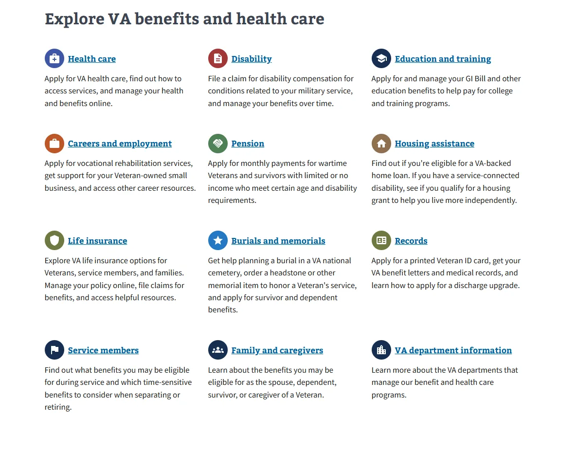 VA.gov page listing benefits and health care by task